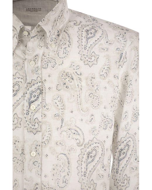 Brunello Cucinelli White Slim Fit Linen Button-down Shirt for men