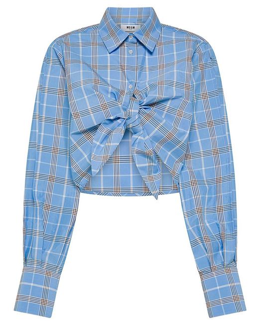 MSGM Blue Cotton Shirt With Plaid Pattern And Open Sleeves