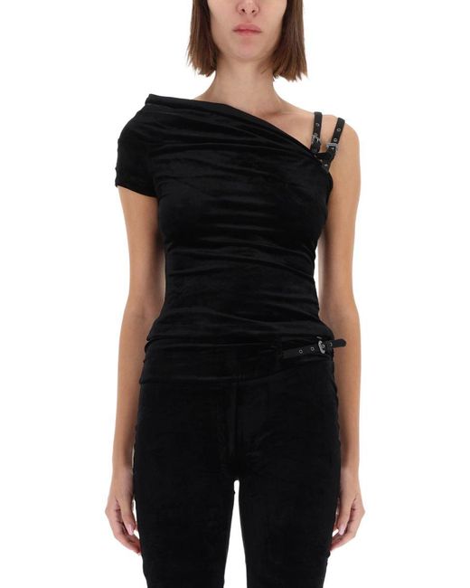 Versace Jeans Couture Black One-Shoulder Top With "Baroque" Buckle