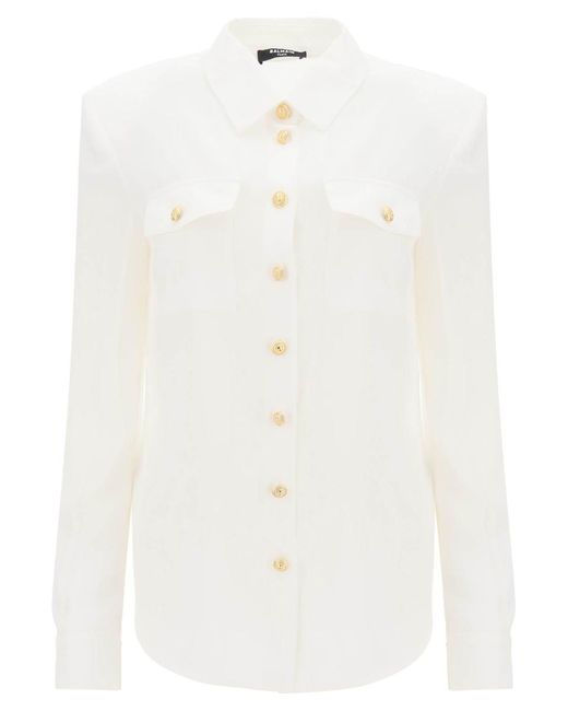 Balmain White Silk Shirt With Padded Shoulders