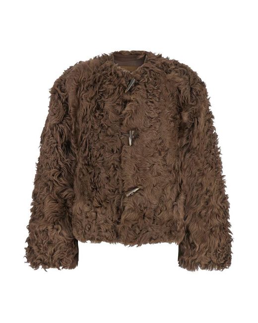 Plain Brown Collarless Lamb Fur Jacket