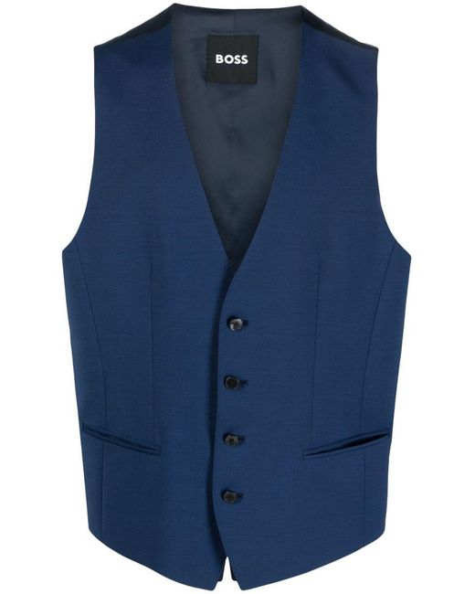 Boss Blue Single-breasted Buttoned Waistcoat for men