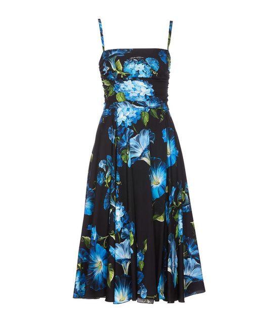 Dolce & Gabbana Blue Flower Print Silk Midi Dress