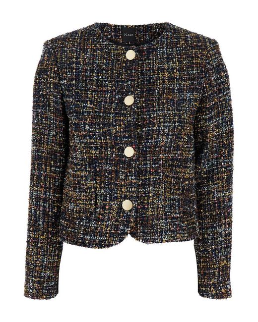 Plain Black Multicolor Jacket With Round Neck And Front Button Closure In Tweed Woman
