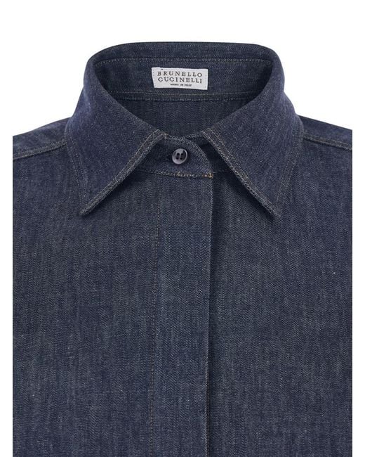 Brunello Cucinelli Blue Shirt With Point Collar And Hidden Closure