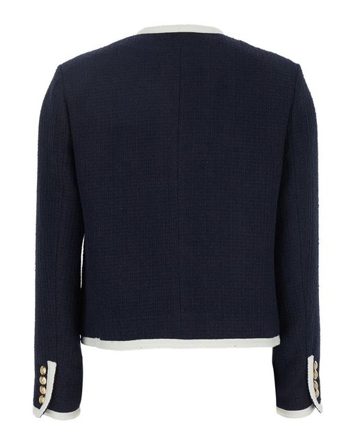DUNST Blue Jacket With Round Neck And Front Jewel Button Cllosure