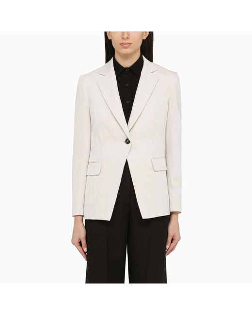 Brunello Cucinelli White Chalk Coloured Single Breasted Jacket In Linen And Cotton