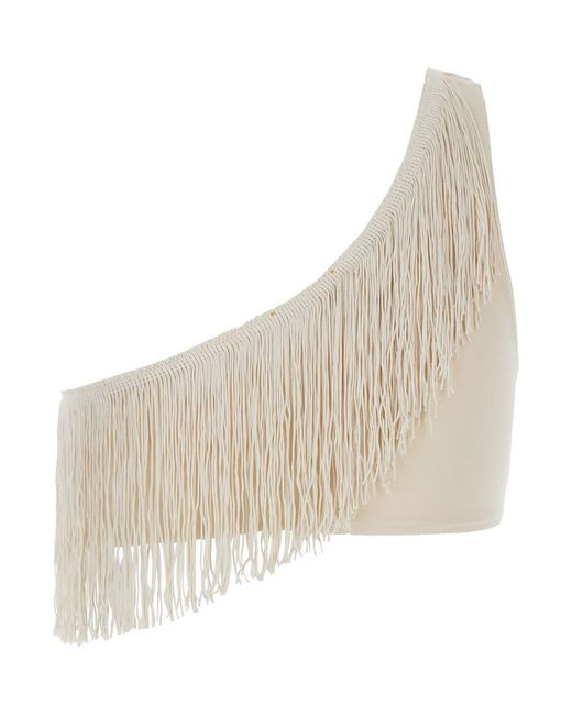 Forte Forte Natural Beige One-shoulder Top With Fringe Embellishments In Tech Fabric Stretch Woman