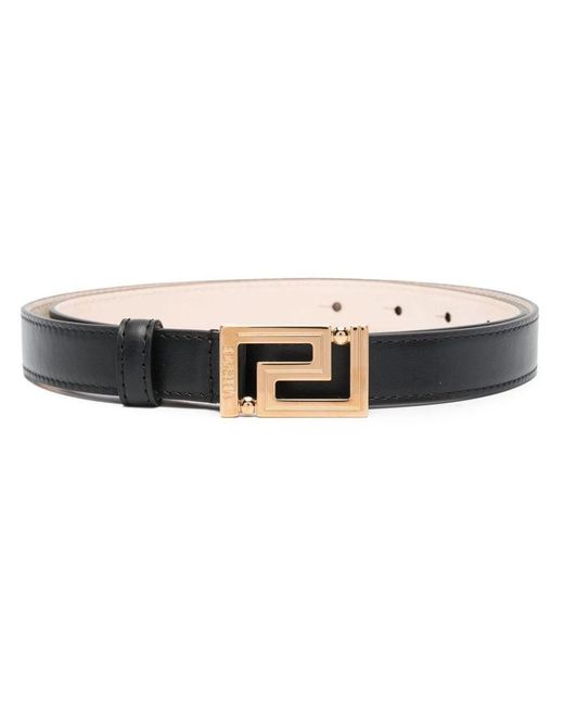 Versace Black Leather Gold Greek Key Buckle Belt 38