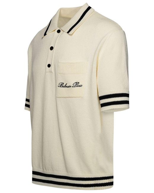 Balmain Natural ' Iconic' Ivory Cotton Blend Polo Shirt for men