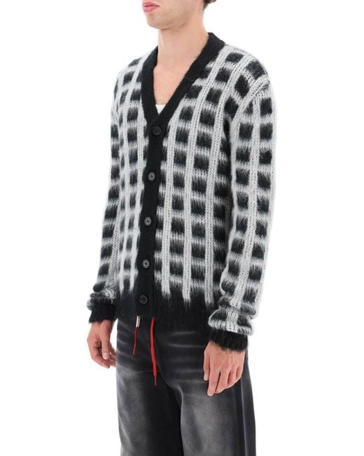 Marni Black Brushed-yarn Cardigan With Check Pattern for men