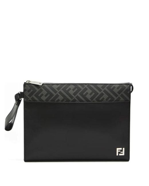 Fendi Black Leather And Canvas Ff Squared Clutch for men