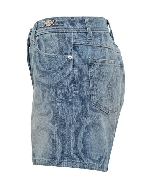 Versace Blue Jeans Shorts With Baroque Pattern Silhouette