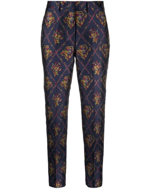 Etro Blue Floral-jacquard Cropped Trousers