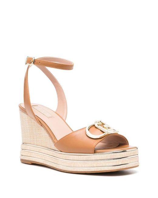 Liu Jo Natural Leather Wedge Sandal With Logo Plaque