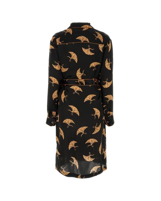 Dries Van Noten Black Belted Printed Silk Shirt Dress