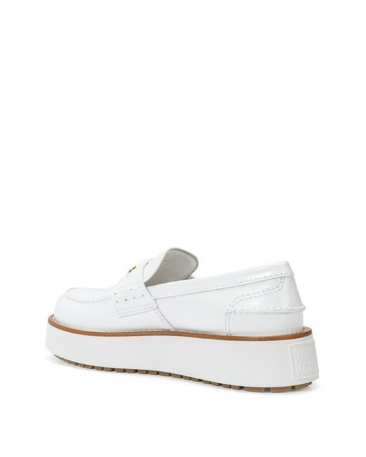 Miu Miu White Calf Leather Loafers With Front Plaque