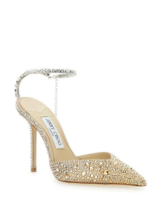 Jimmy Choo White 'saeda 100' Gold Pumps With All-over Crystals In Satin Woman