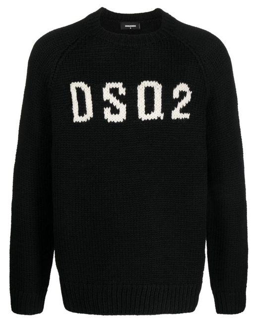 DSquared² Black Logo Intarsia-knit Wool Jumper for men