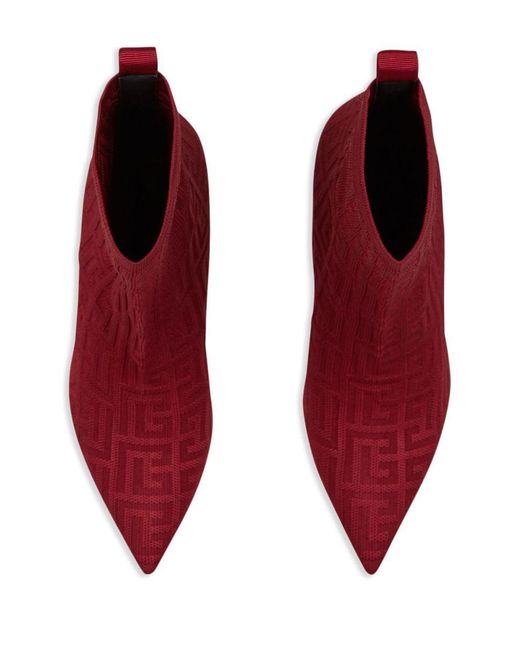 Balmain Red Moneta-monogram 95mm Knit Ankle Boots