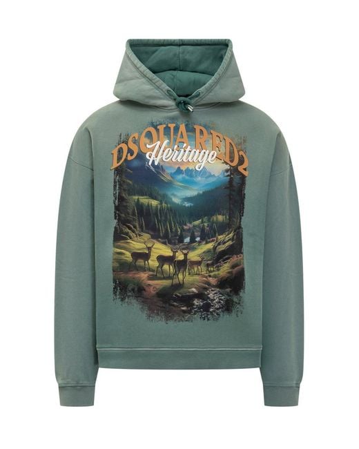 DSquared² Green Hoodie With Heritage Print for men