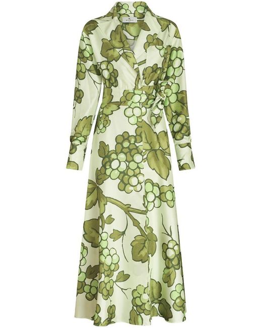Etro Green Belted Printed Silk-twill Maxi Wrap Dress