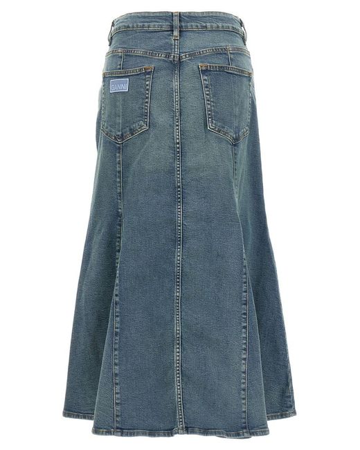 Ganni Blue Mid-rise Faded-wash Stretch Organic-denim Blend Midi Skirt