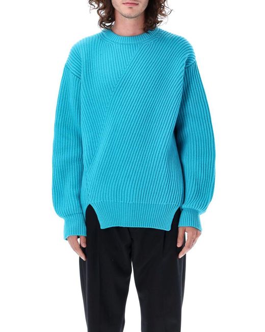 Jil Sander Blue Ribbed Fine Wool Sweater for men