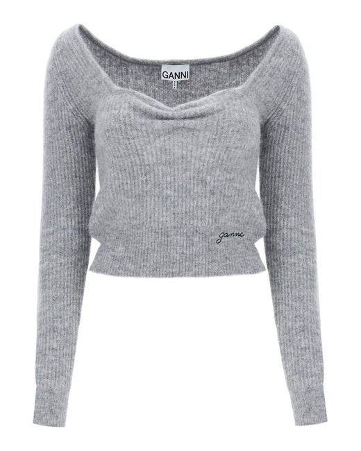 Ganni Gray Sweater With Sweetheart Neckline