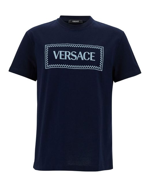 Versace Blue Crewneck T-Shirt With 90' Logo Print for men