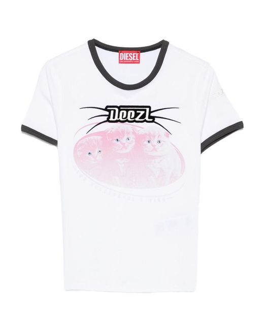 DIESEL Women's White Cotton T-Shirt With Print And Contrasting Edges