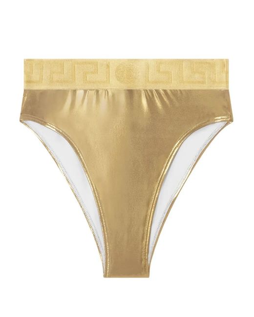Versace Yellow Greca Border Bikini Bottoms With Metallic Finish