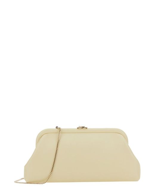 Jimmy Choo Natural 'Skylar' Clutch With Chain-Link Shoulder Strap And Kiss-Lock Closure With Logo Plaque
