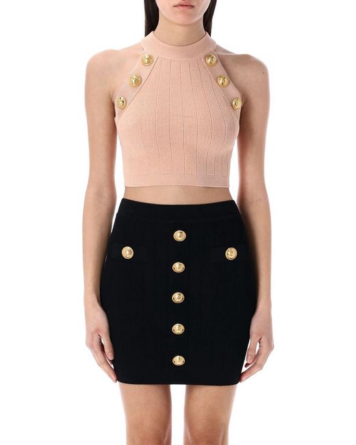 Balmain Black Cropped 6-Button Knit Halterneck Top