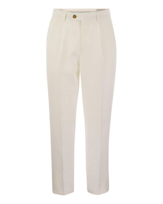 Brunello Cucinelli White Leisure Fit Linen Trousers With Darts for men