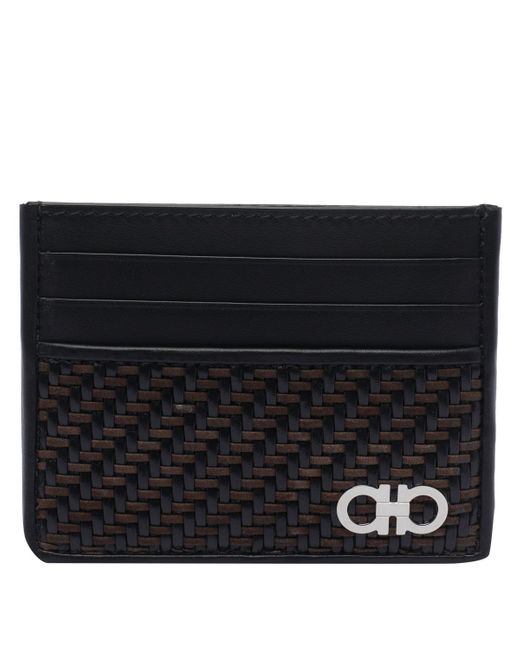 Ferragamo Black Gancini Logo Woven Cards Holder for men