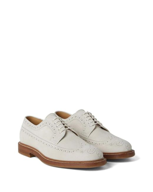 Brunello Cucinelli White Perforated-embellished Suede Derby Shoes for men