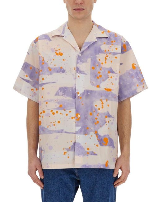 MSGM Blue Bowling Shirt With "Dripping Camo" Print for men