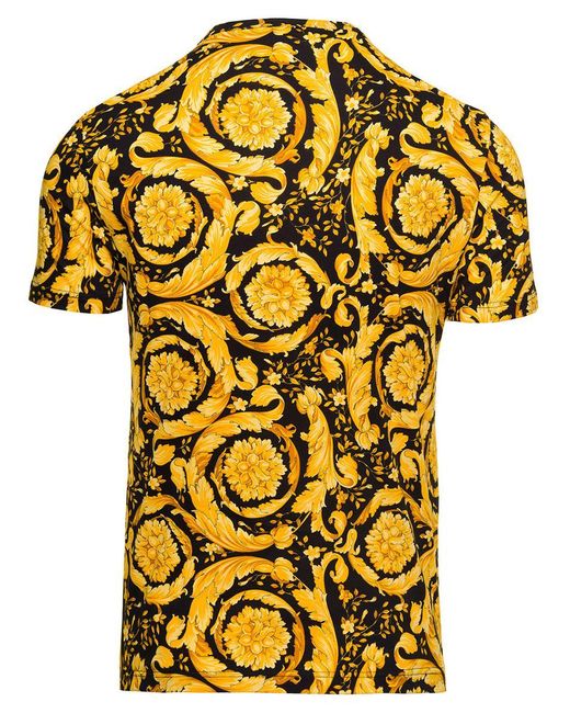 Versace Black And Yellow Crewneck T-shirt With All-over Barocco Print In Stretch Cotton Man for men