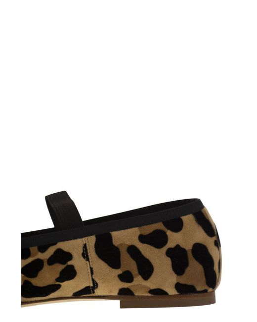 Anniel Black Leather Ballerina With Animal Pattern And Elastic Band