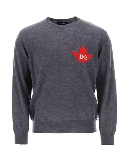 DSquared² Gray D2 Leaf Wool Sweater for men