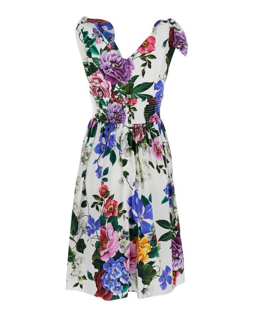 Dolce & Gabbana Blue Multicolor Short Dress With All-over Floral Print In Cotton Woman