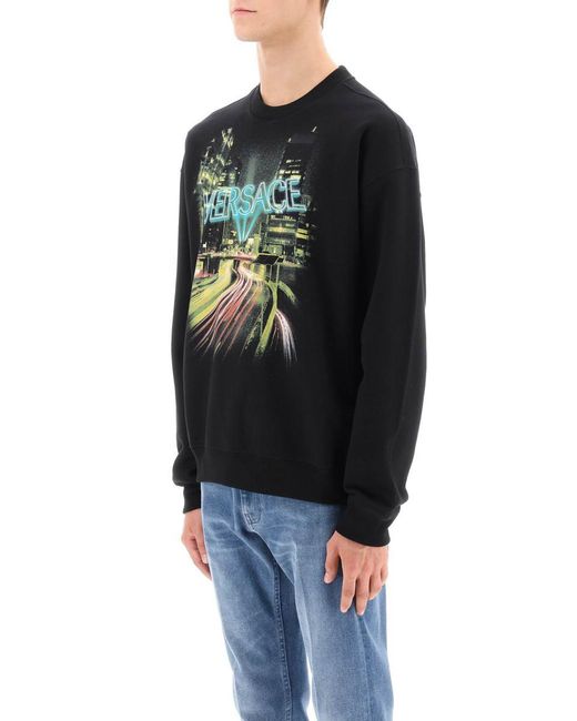 Versace Black Crew-neck Sweatshirt With City Lights Print for men