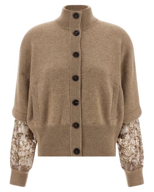 Brunello Cucinelli Brown Sequin Sleeve Cardigan