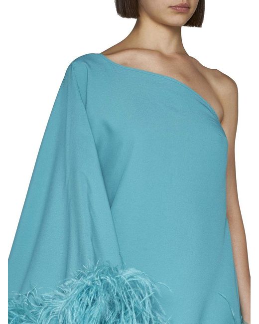 ‎Taller Marmo Blue Piccolo Ubud One-Shoulder Feather-Trimmed Crepe Mini Dress