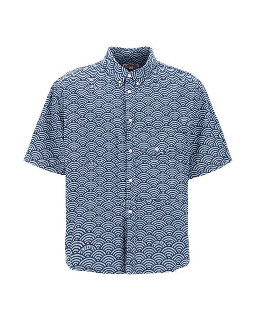 KENZO Blue Seigaiha Short Sleeved Denim Shirt for men