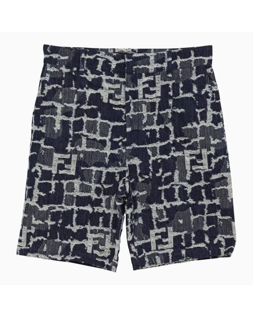 Fendi Blue Ff Patterned Denim Shorts for men
