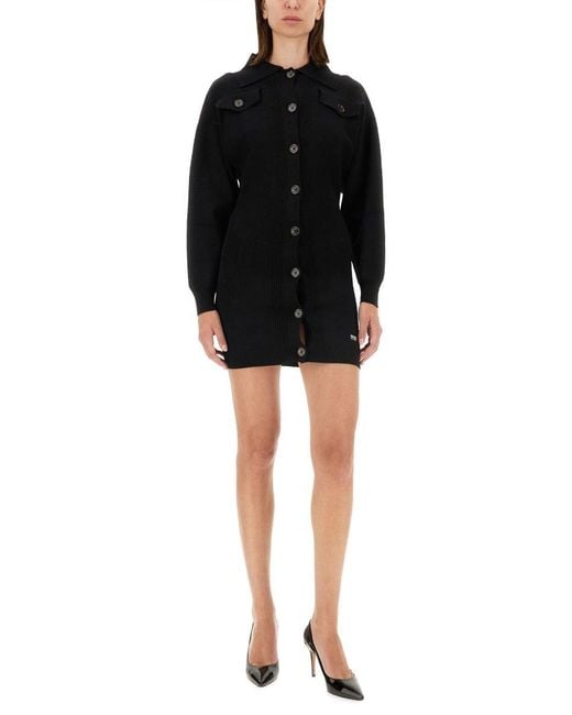 Moschino Black Ribbed Mini Dress With Button-Down Front