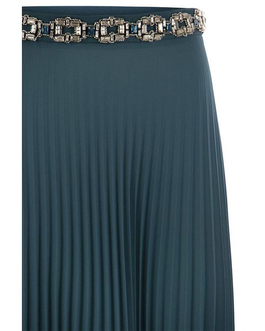 Elisabetta Franchi Green Long Pleated Georgette Skirt With Embroidery