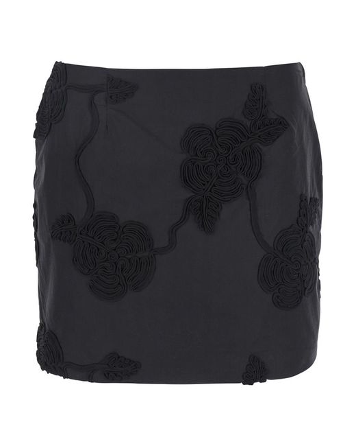 ROTATE BIRGER CHRISTENSEN Black Mini Skirt With 3D Floral Details Applied All-Over